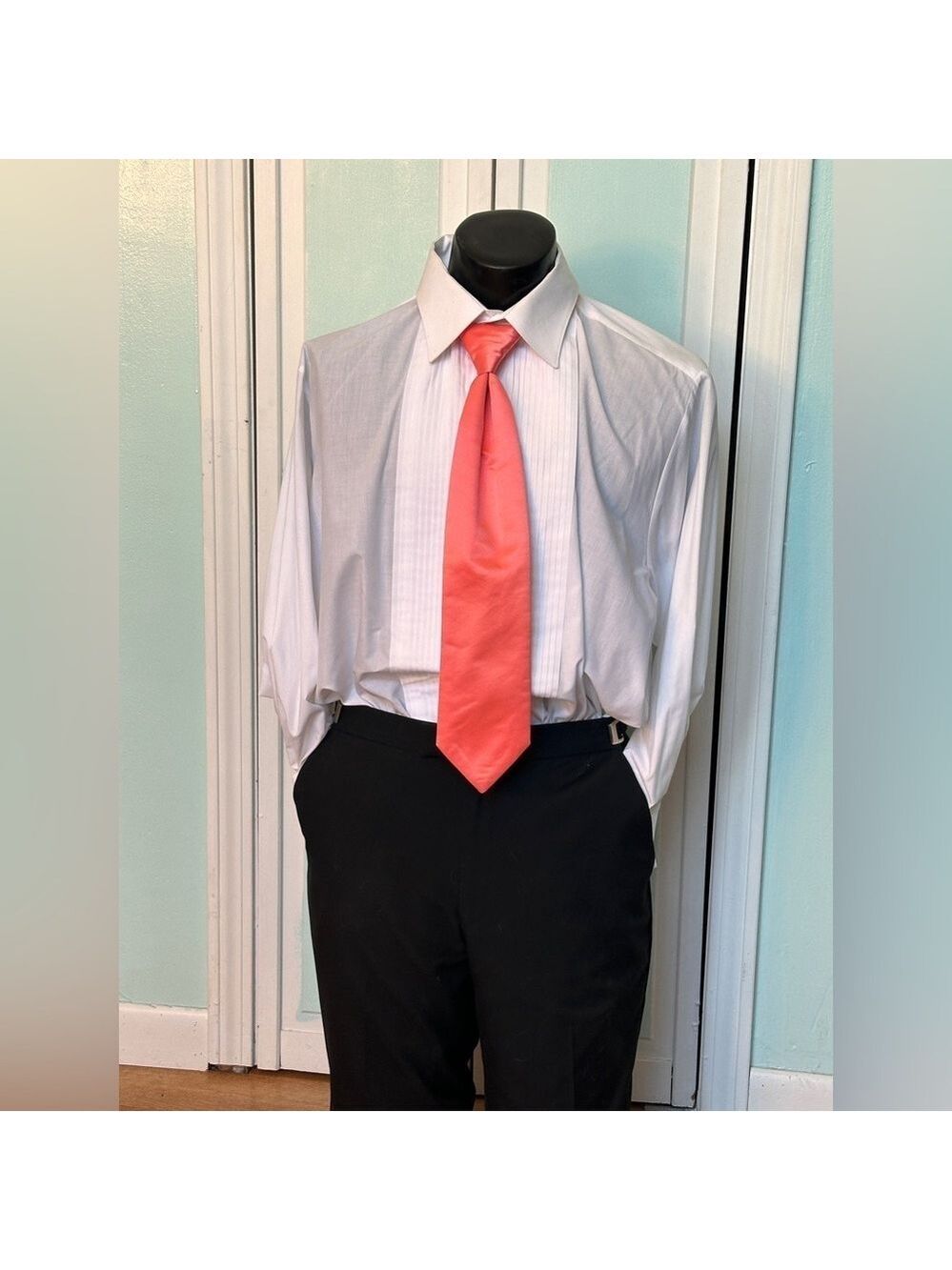 Coral Reef Orange Pink Satin Tie Wedding Prom Tuxedo Pre Tied clip USED